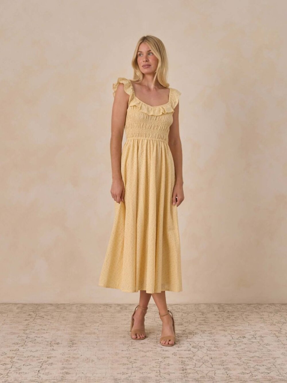 Noralee Yellow Eyelet Midi Dress Ruffle Neck Smocked Waist